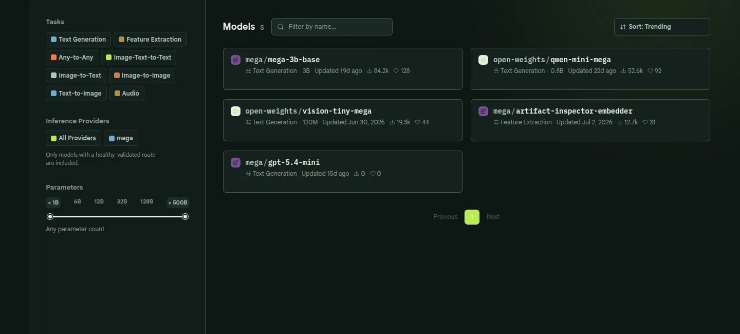 MEGA model repository displayed in the dark interface