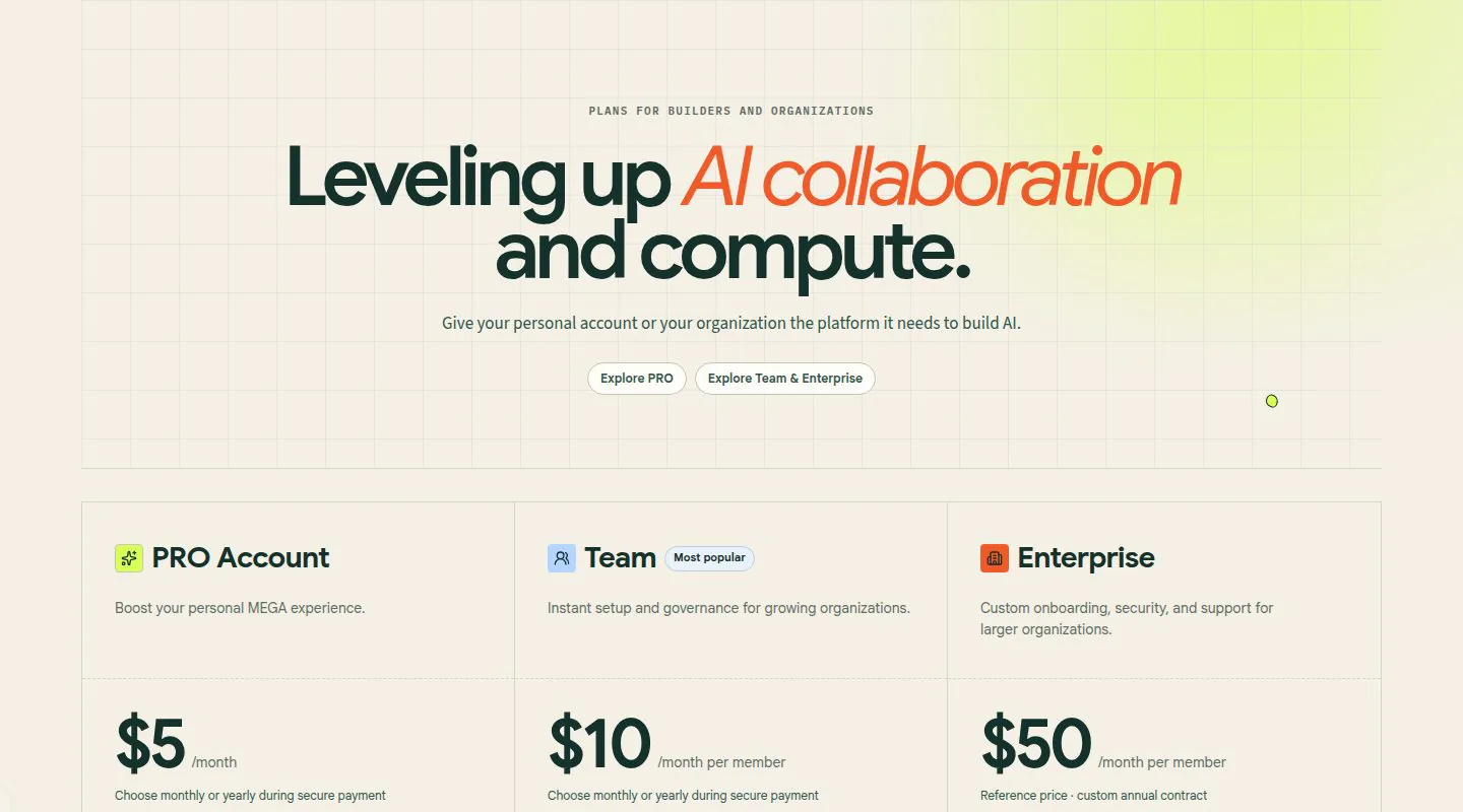 MEGA account plan interface for teams and organizations