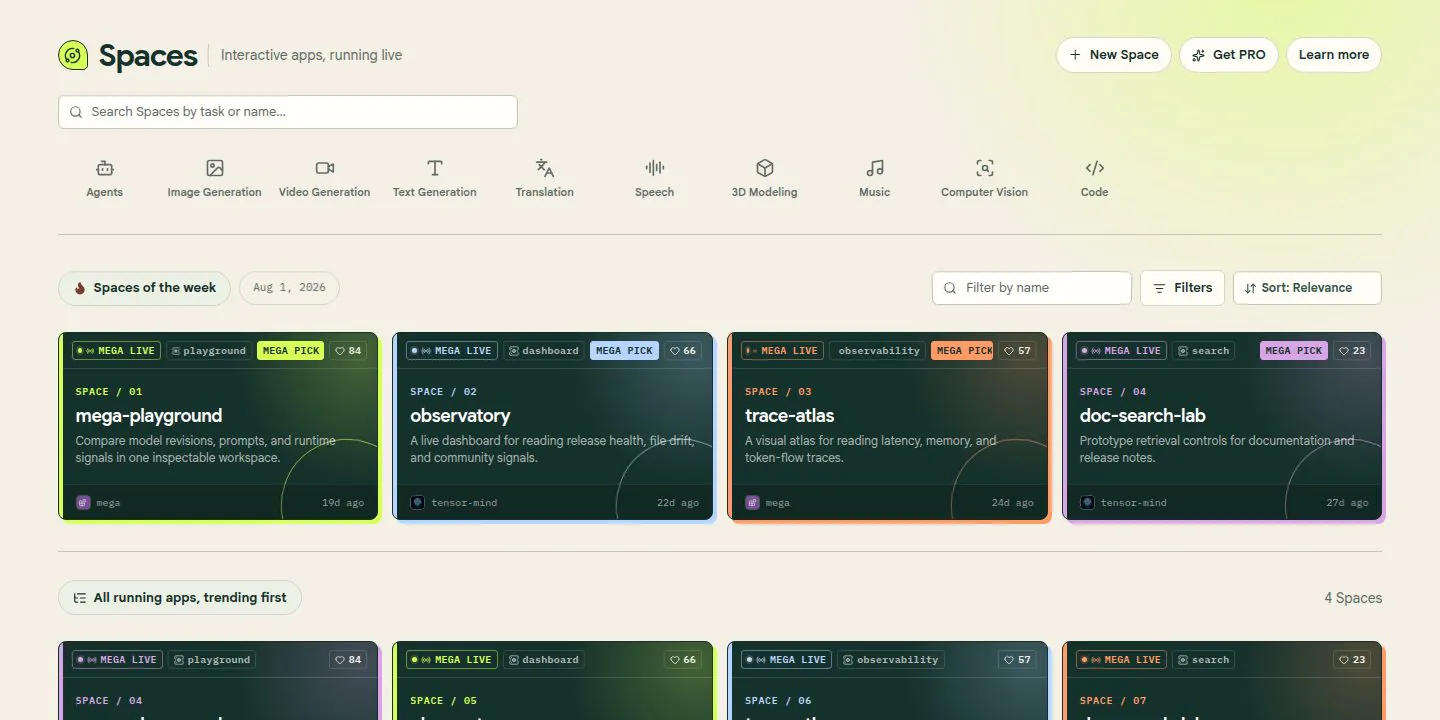 MEGA application repository interface showing a running interactive Space